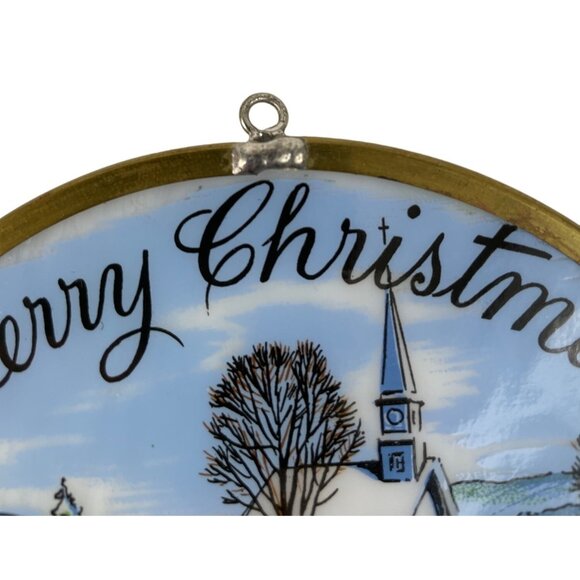 Vintage Merry Christmas Glass Window Suncatcher MulticolWinter Scene Sled Horses - Picture 4 of 8